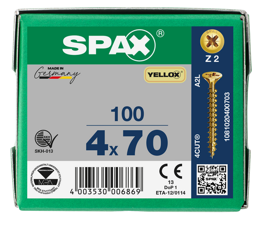 SPAX Yellox Pozi Screw 4.0 x 70mm - Box of 100