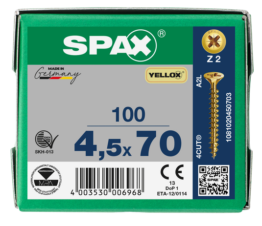 SPAX Yellox Pozi Screw 4.5 x 70mm - Box of 100