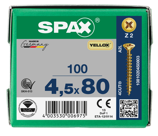 SPAX Yellox Pozi Screw 4.5 x 80mm - Box of 100