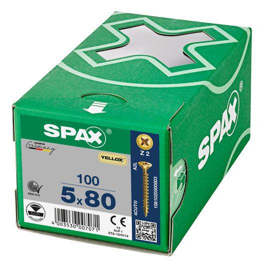 SPAX Yellox Pozi Screw 5.0 x 80mm - Box of 100