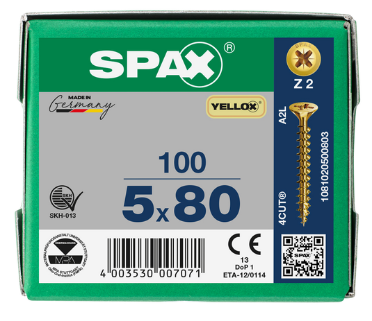 SPAX Yellox Pozi Screw 5.0 x 80mm - Box of 100