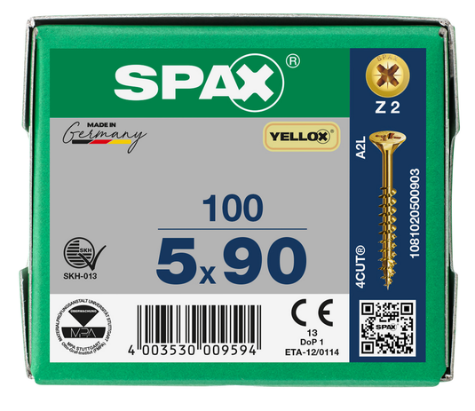 SPAX Yellox Pozi Screw 5.0 x 90mm - Box of 100