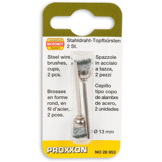 Proxxon Cup Wire Brushes 13mm Dia  - Brass, Steel & Stainless Steel   (28953, 28963 & 28957)