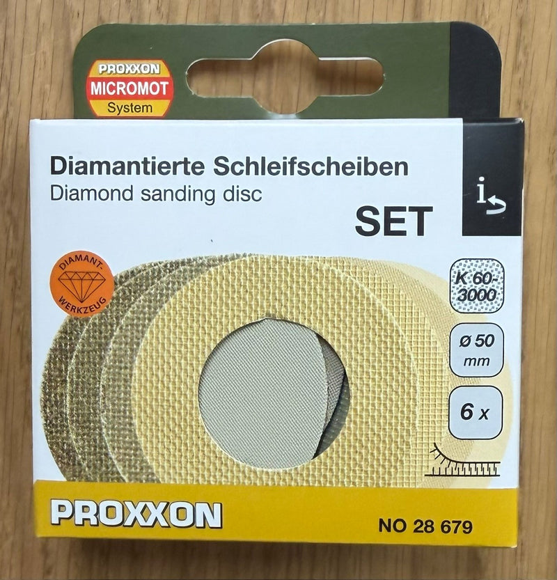 Load image into Gallery viewer, Proxxon  Set of Diamond Sanding Discs 60G -3000G &amp; Pad  50mm Dia    (28679)
