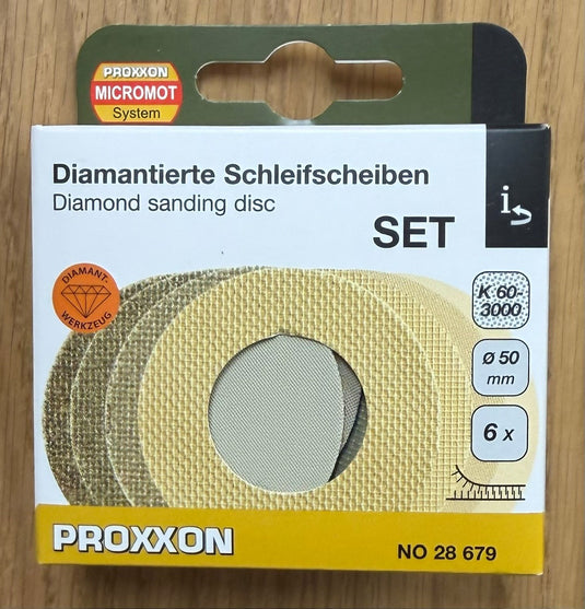 Proxxon  Set of Diamond Sanding Discs 60G -3000G & Pad  50mm Dia    (28679)