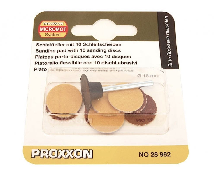 Load image into Gallery viewer, Proxxon 18mm Sanding Discs (10) with Arbor and Spare Discs to Suit   (28982 &amp; 28983)
