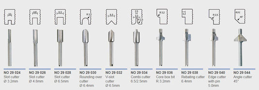 Proxxon Individual Straight Wood Router Bits 3.2mm Shank   (29024, 29026, 29028, 29030, 29032, 29034, 29036, 29038 & 29040)