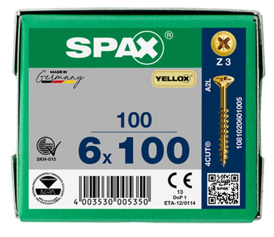 SPAX Yellox Pozi Screw 6.0 x 100mm - Box of 100