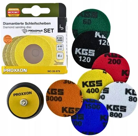 Load image into Gallery viewer, Proxxon  Set of Diamond Sanding Discs 60G -3000G &amp; Pad  50mm Dia    (28679)
